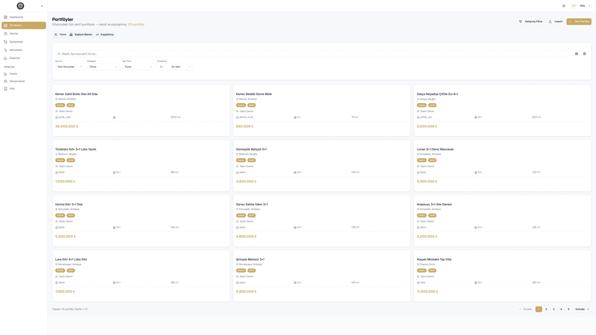 Locris real-estate operations dashboard — portfolio list with 12 property cards showing title, location, for-sale/active status badges, assigned advisor, property type, room count, area and price, plus search, status/category/listing-type filters and pagination