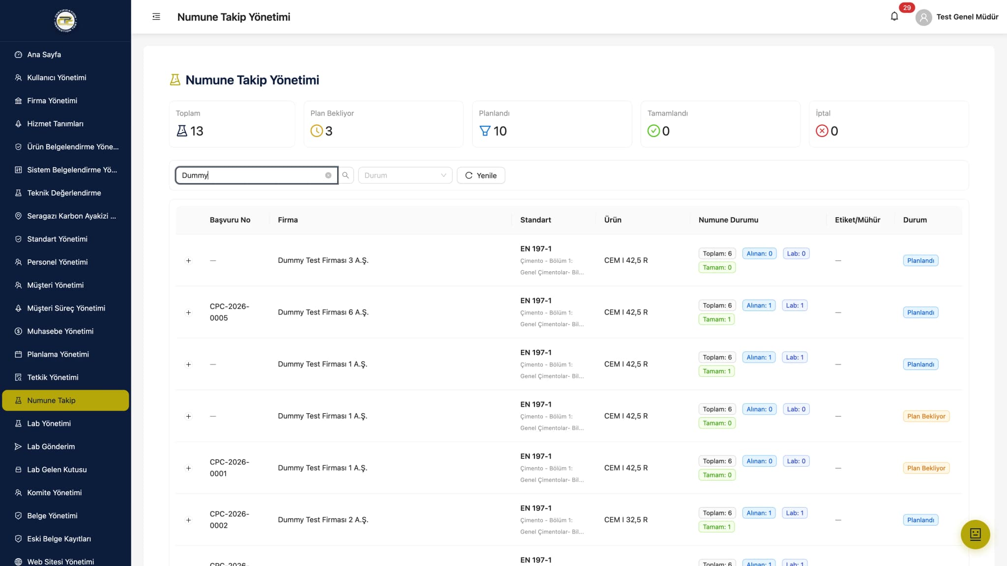 CPC sample tracking management screen, laboratory sample statuses