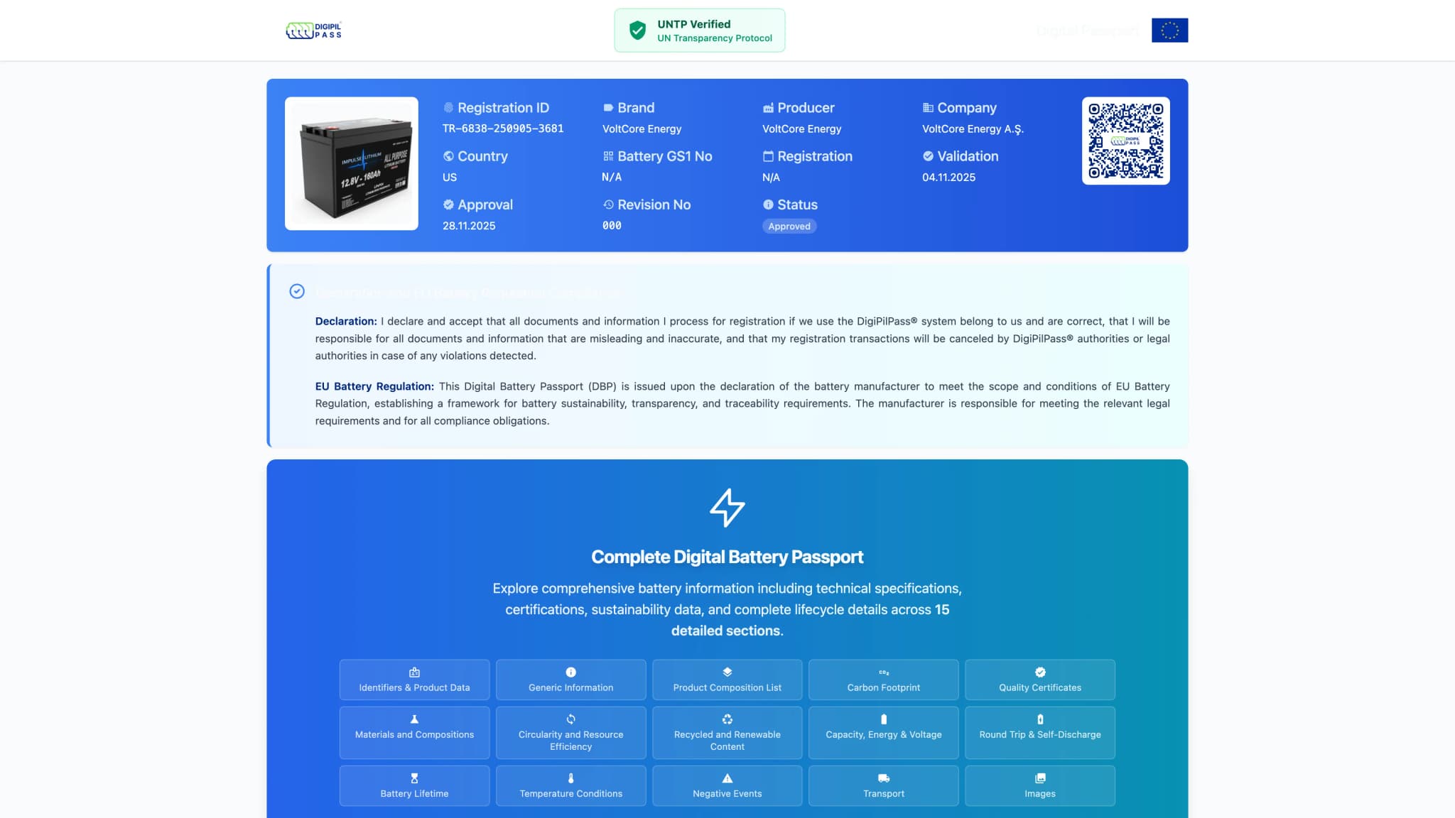 DigiPilPass digital battery passport detail: QR code and EU battery regulation compliance