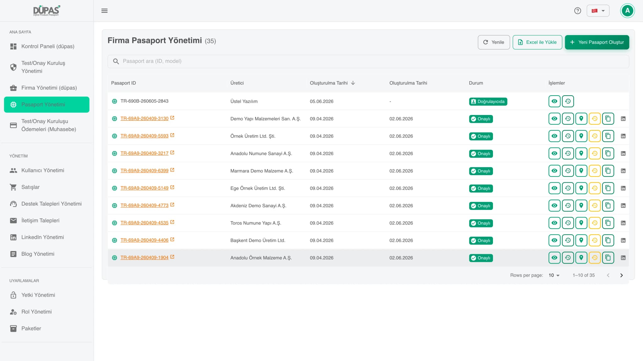 Düpas company passport management panel, digital product passport list