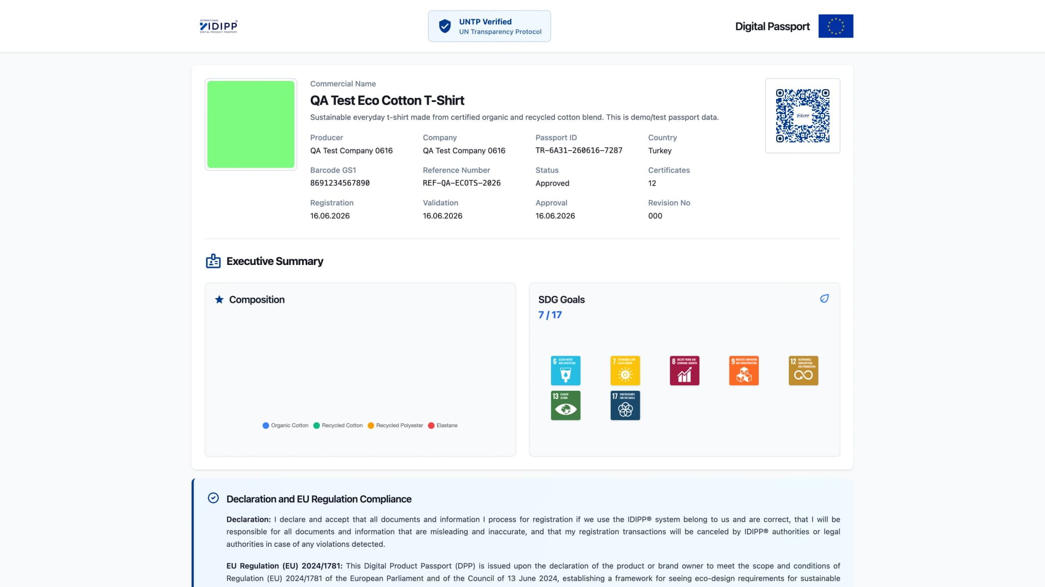 IDIPP digital product passport detail: composition, sustainability goals and QR code