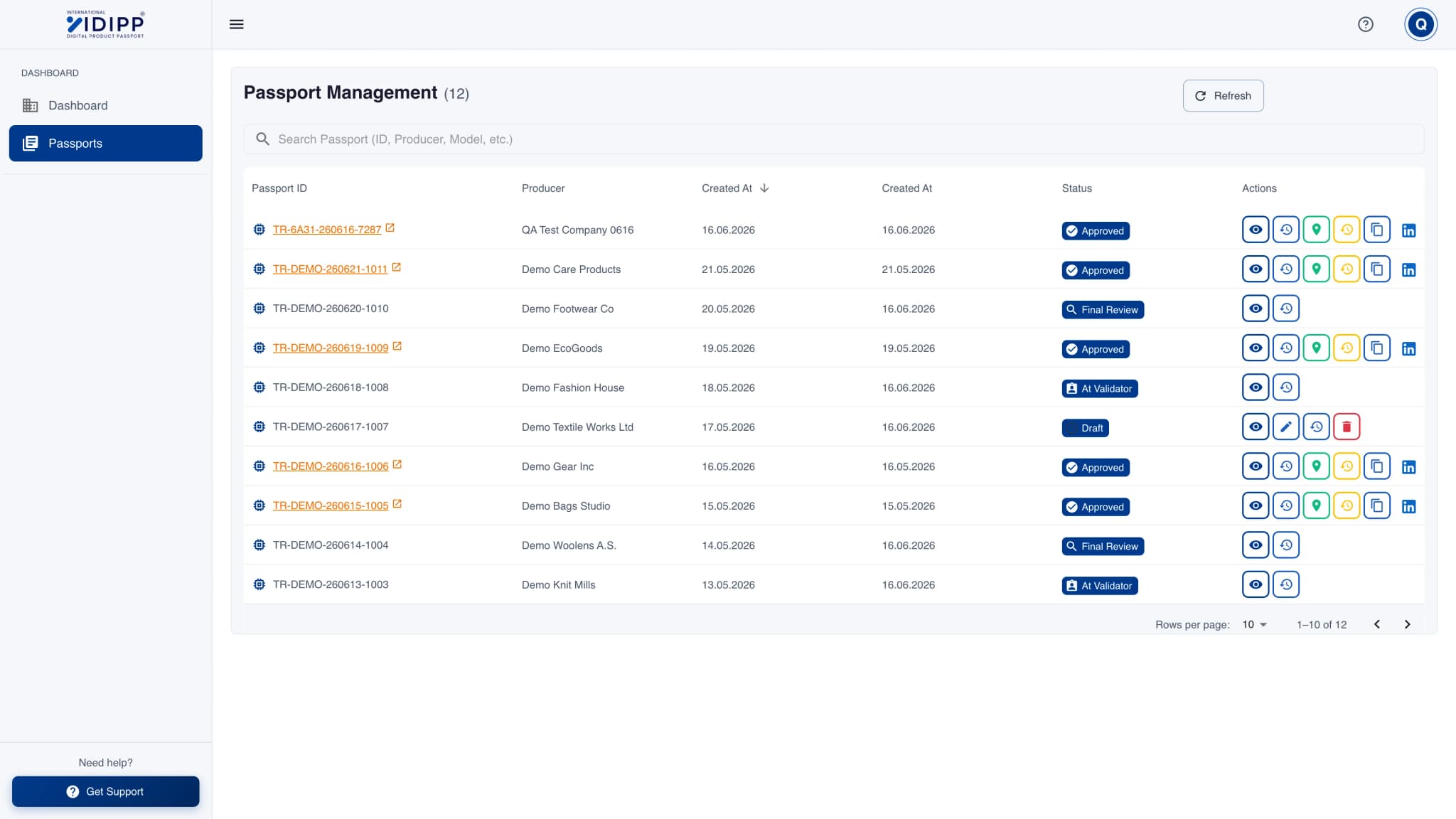 IDIPP international digital product passport management panel and list view